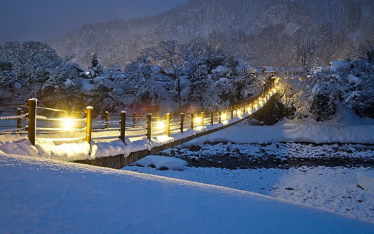 jembatan, musim dingin, salju, desa, pemandangan, Wallpaper HD