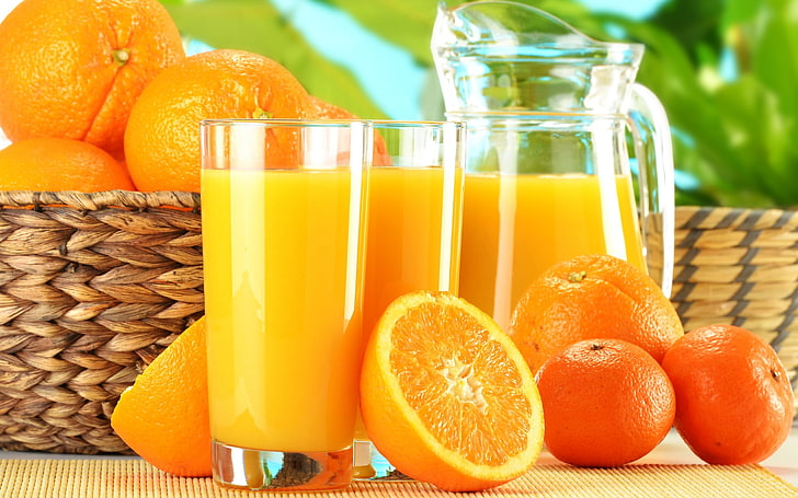 Exprima el vaso de jugo de naranja, jugo de naranja y frutas, naturaleza, comida, jugo de naranja, vasos, Fondo de pantalla HD