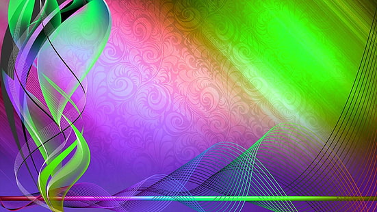 カラフル、ネオン、緑、紫、ピンク、光、抽象化、グラフィックデザイン、デジタルアート、ライン、レーザー、グラフィックス、 HDデスクトップの壁紙 HD wallpaper