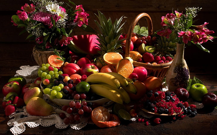 variety of fruit, still life, table, fruit, flowers, HD wallpaper