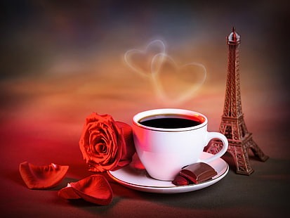 Rosa roja, taza de café, corazones de amor, estilo cálido, rojo, rosa, taza, café, amor, corazones, cálido, estilo, Fondo de pantalla HD HD wallpaper