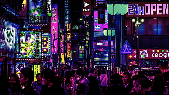 noc, cyberpunk, futurystyczne miasto, dzieło sztuki, sztuka cyfrowa, grafika koncepcyjna, sztuka fantasy, futurystyczny, Japonia, miasto, Tapety HD HD wallpaper