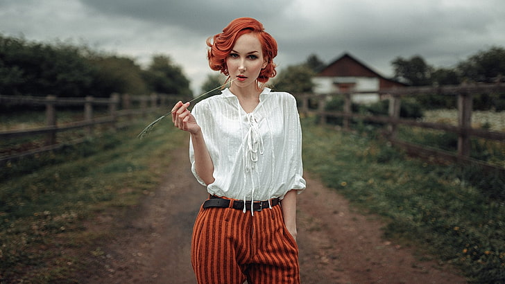 Georgy Chernyadyev, women, model, looking at viewer, wavy hair, redhead, white shirt, women outdoors, depth of field, Anna Boevaya, HD wallpaper