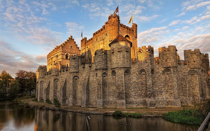 ベルギー城の堀、茶色のコンクリートの城、ベルギー、城、堀、 HDデスクトップの壁紙