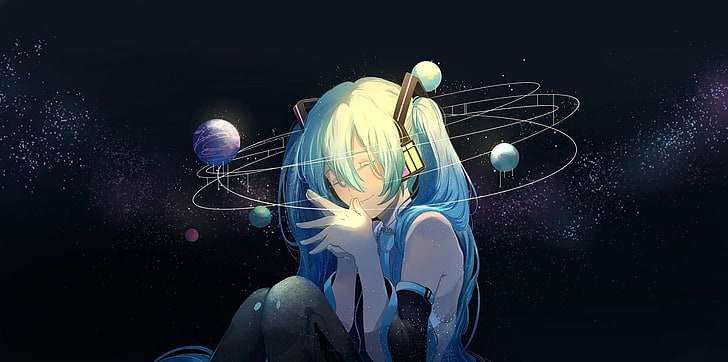 синий волосатый женский аниме персонаж цифровые обои, ночь, хацунэ мику, длинные волосы, два хвостика, вокалоид, космос, HD обои