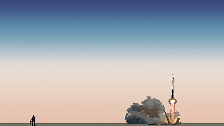 rocket ship illustration, Soyuz, minimalism, lift off, rocket, HD wallpaper