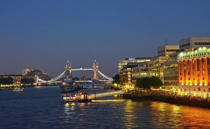 río, paisaje urbano, barco, luces, puente, Londres, Inglaterra, río Támesis, puente de Londres, Fondo de pantalla HD