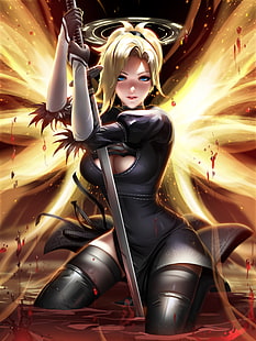  Mercy (Overwatch), Overwatch, video game girls, video game characters, women, blonde, fantasy girl, ponytail, blue eyes, freckles, portrait, vertical, costumes, crossover, Nier: Automata, wings, fantasy art, dress, black dress, thigh-highs, kneeling, blood, katana, weapon, sparks, artwork, drawing, digital art, illustration, fan art, Liang Xing, Liang-Xing, video games, Video Game Art, HD wallpaper HD wallpaper