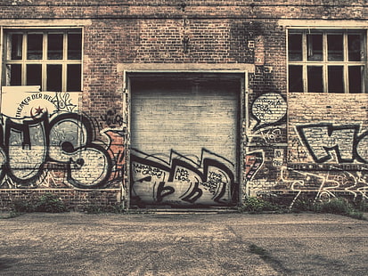 grå rulljalusi, stad, graffiti, HD tapet HD wallpaper