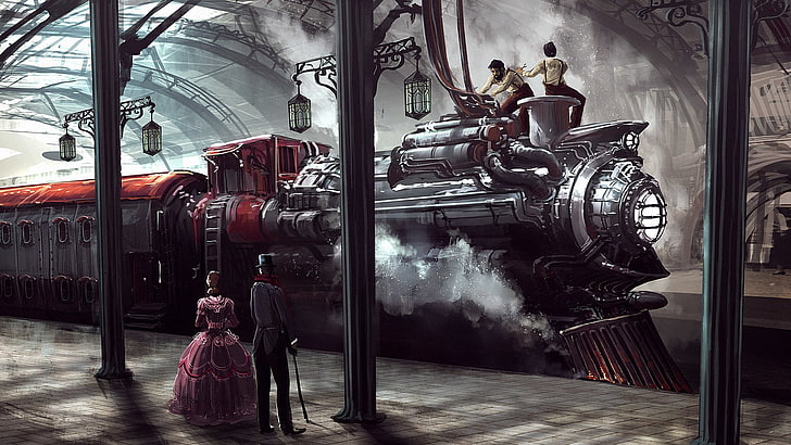Fantascienza, Steampunk, Locomotiva, Persone, Treno, Stazione ferroviaria, Sfondo HD