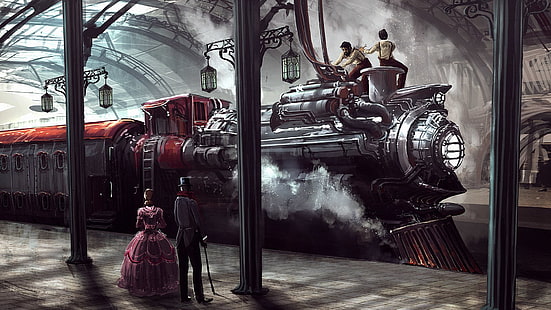 공상 과학, Steampunk, 기관차, 사람들, 기차, 기차역, HD 배경 화면 HD wallpaper