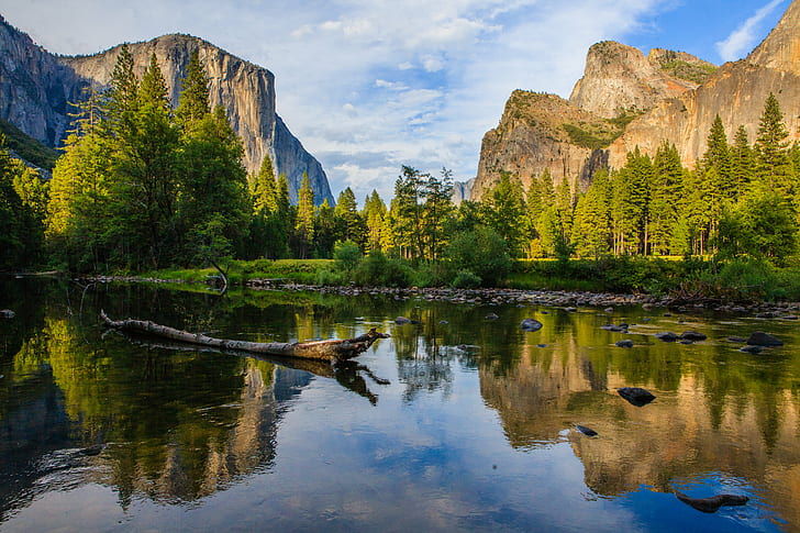 pine trees and rock formation beside lake during daytime, Yosemite Valley, Valley View, pine trees, rock formation, lake, daytime, national park, nature, reflection, landscape, mountain, scenics, rock - Object, outdoors, el Capitan - Yosemite National Park, water, river, travel, forest, beauty In Nature, national Landmark, tree, HD wallpaper