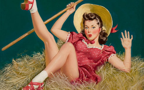 girl, retro, figure, drop, hay, Pin-up, Alfred Leslie Buell, HD wallpaper HD wallpaper