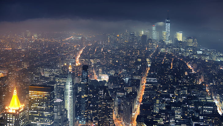 نيويورك ، مدينة نيويورك ، الولايات المتحدة ، الليل ، أضواء المدينة ، المدينة، خلفية HD