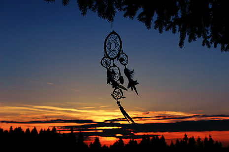 Traumfänger, Silhouette, Sonnenuntergang, Bäume, HD-Hintergrundbild HD wallpaper