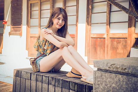 Asian, women, jean shorts, sitting, straw hat, smiling, looking at viewer, legs, women outdoors, HD wallpaper HD wallpaper