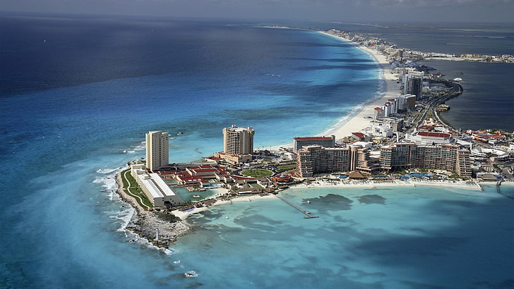 Cancun, Mexique, paysage urbain, mer, vue aérienne, Fond d'écran HD
