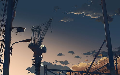 silhouette of gantry crane digital wallpaper, cranes (machine), industrial, drawing, HD wallpaper HD wallpaper