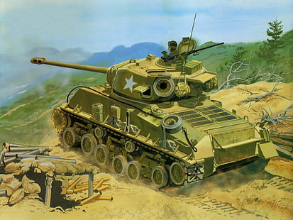 кафяв боен танк илюстрация, изкуство, танк, стрелба, средно, Шерман, като, използван, позиции., Северна Корея, A3E8, артилерия, Корейската война, 1950—1953gg., HD тапет HD wallpaper