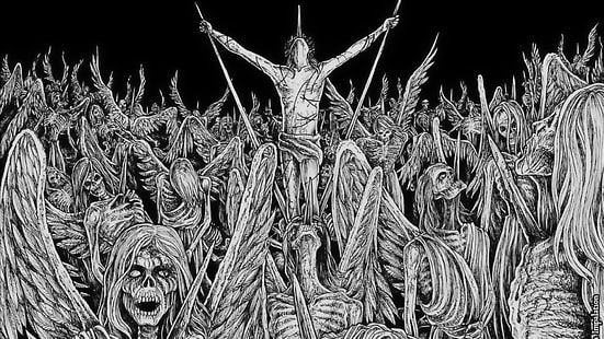 gray and black skeletons painting, creepy, death, corpse, skeleton, reaper, angel, wings, hell, Jesus Christ, HD wallpaper HD wallpaper