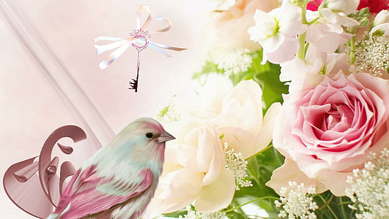 아름다움의 핵심, 파이어 폭스 페르소나, 장미, wish, 나뭇잎, 꽃, 새, 꽃, 봄, 여름, 장미, 3d 및 abstrac, HD 배경 화면 HD wallpaper