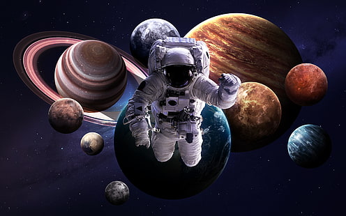 Science-Fiction, Astronaut, Kosmos, Erde, Jupiter, Mars, Mond, Neptun (Planet), Planet, Saturn, Wissenschaft, Weltraum, Sterne, HD-Hintergrundbild HD wallpaper
