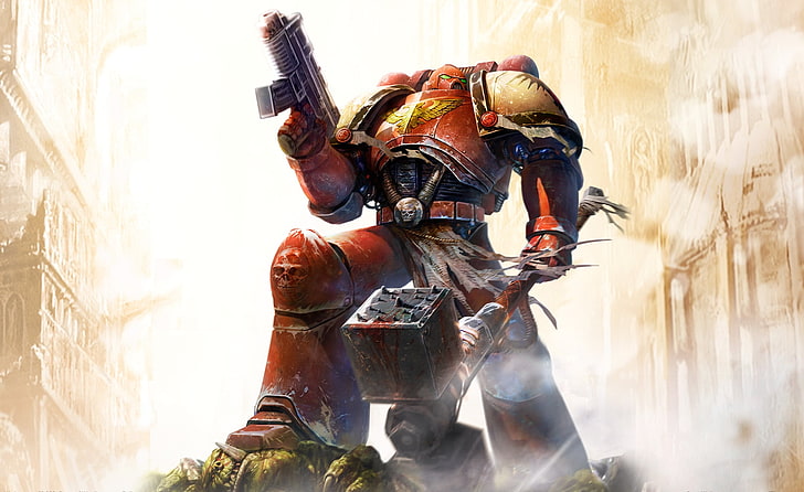 plakat z czerwonym robotem, broń, Dawn Of War, Space Marine, Warhammer, Tapety HD