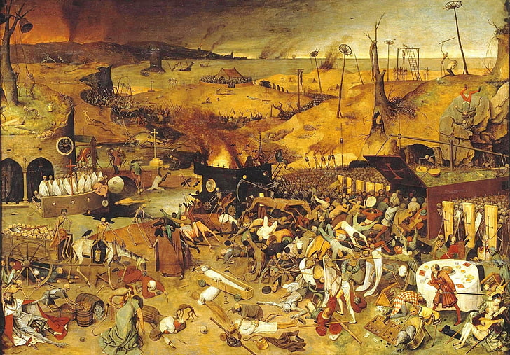 Braunes Dorfgemälde, Pieter Bruegel, Kunstwerk, Gemälde, Mittelalter, Skelett, Tod, klassische Kunst, HD-Hintergrundbild
