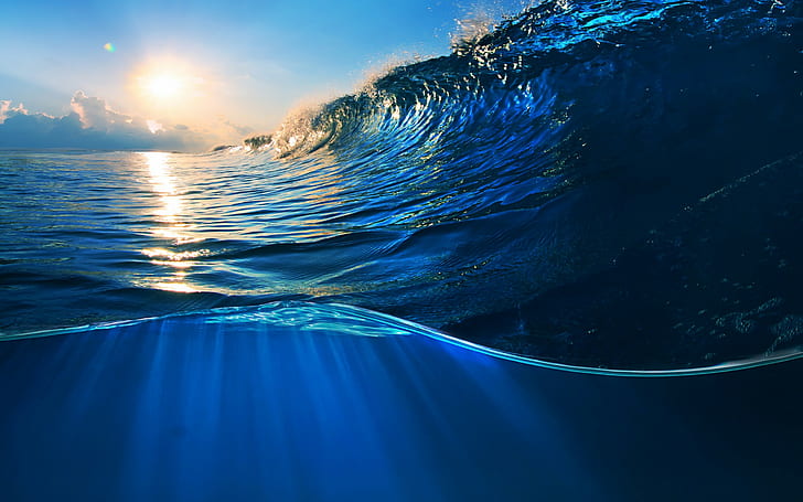 Spruzzata blu dell'oceano, acqua di mare blu, oceano, onda, blu, mare, cielo, spruzzata, Sfondo HD