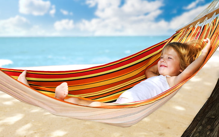 hamak w czerwono-pomarańczowe paski, dziecko, hamak, plaża, wakacje, Tapety HD