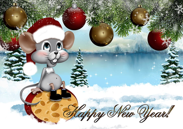 Holiday, New Year, Christmas Ornaments, Mouse, Santa Hat, Tree, HD wallpaper