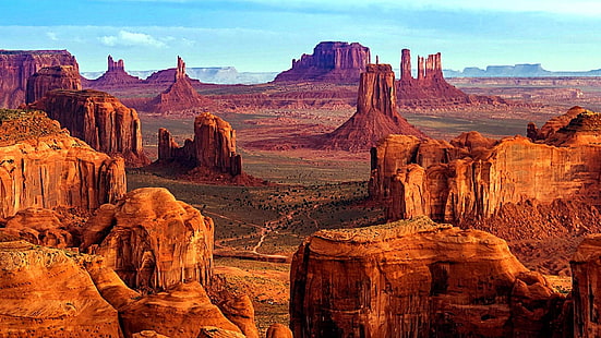 キャニオン、ロック、モニュメントバレー、砂漠、荒野、ビュート、グランドキャニオン、観光名所、形成、空、砂漠の岩、山、地質、風景、ハンツメサ、視点、 HDデスクトップの壁紙 HD wallpaper