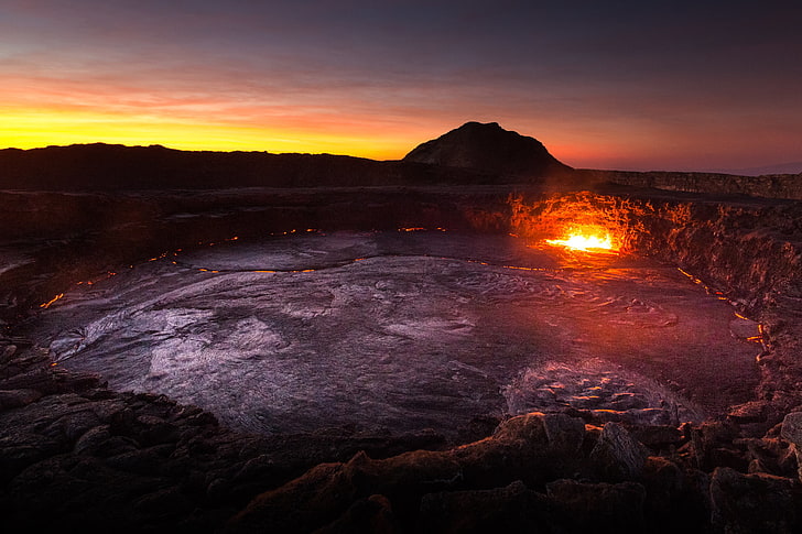 pool with lava and water, mountains, the volcano, Dawn, lava, Africa, Ethiopia, HD wallpaper