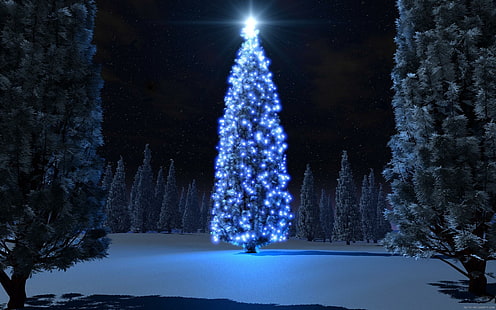 ブルークリスマスツリー、巨大なクリスマスツリー、休日、クリスマス、ツリー、冬、ライト、雪、 HDデスクトップの壁紙 HD wallpaper