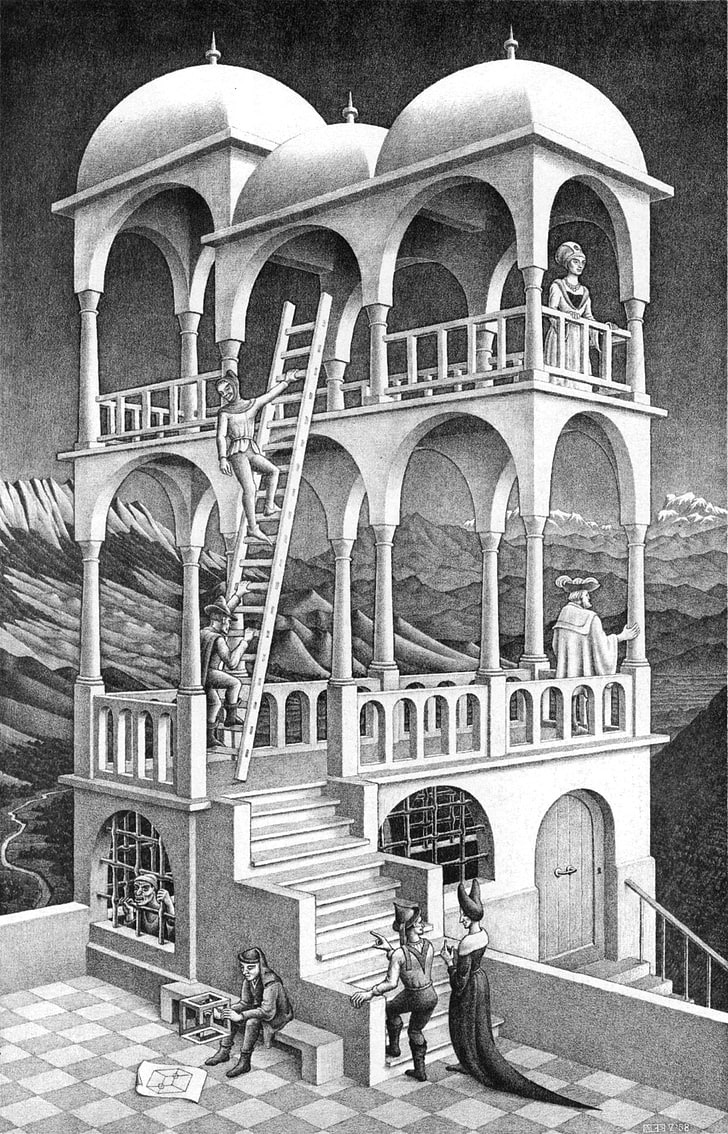 Obra de arte, ilusión óptica, M. C. Escher, monocromo, pantalla de retrato, litografía, personas, edificio, escaleras, escaleras, cubo, montañas, arco, Fondo de pantalla HD, fondo de pantalla de teléfono