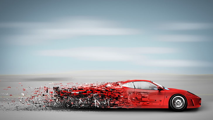 red sports car, digital art, sports car, red cars, clouds, horizon, Ferrari, pixelated, artwork, HD wallpaper