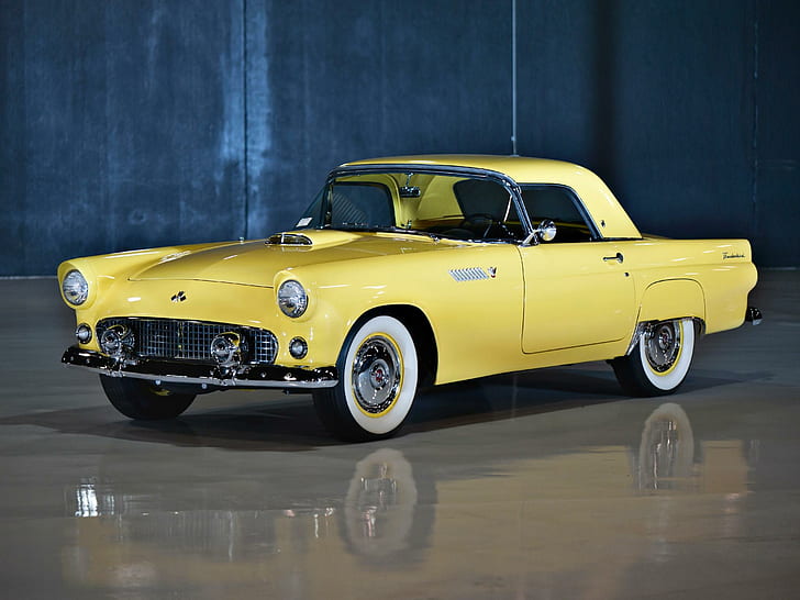 Ford Thunderbird '1955, yellow convertible muscle coupe, thunderbird, ford, ford t bird, ford thunderbird, cars, HD wallpaper