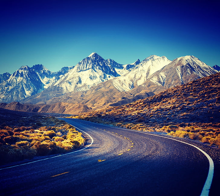 gray concrete top road, snowy mountains across asphalt road, HDR, filter, Sierra Nevada, road, mountains, HD wallpaper