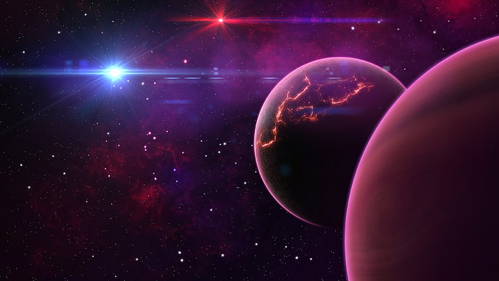 красные и синие планеты, космический корабль возле планет цифровые обои, планета, космос, космическое искусство, цифровое искусство, HD обои