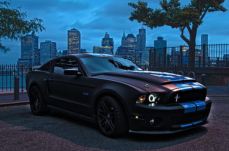 Ford Mustang negro, coche, vehículo, Ford Mustang, paisaje urbano, profundidad de campo, Fondo de pantalla HD HD wallpaper