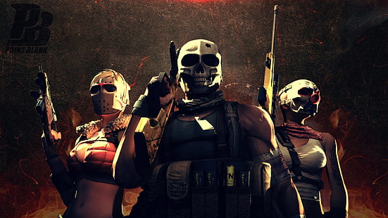 dwie kobiety i jeden mężczyzna w maskach tapeta, gra wideo, celownik, pistolet, karabin maszynowy, maska, żołnierz, wojownik, broń, Tapety HD HD wallpaper