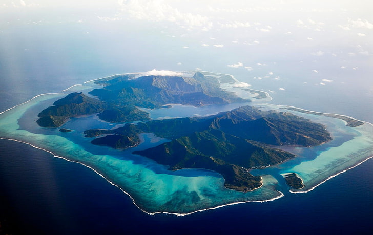 green mountain range, nature, landscape, aerial view, island, atolls, tropical, sea, beach, French Polynesia, clouds, mountains, HD wallpaper