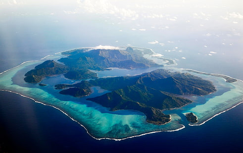green mountain range, nature, landscape, aerial view, island, atolls, tropical, sea, beach, French Polynesia, clouds, mountains, HD wallpaper HD wallpaper