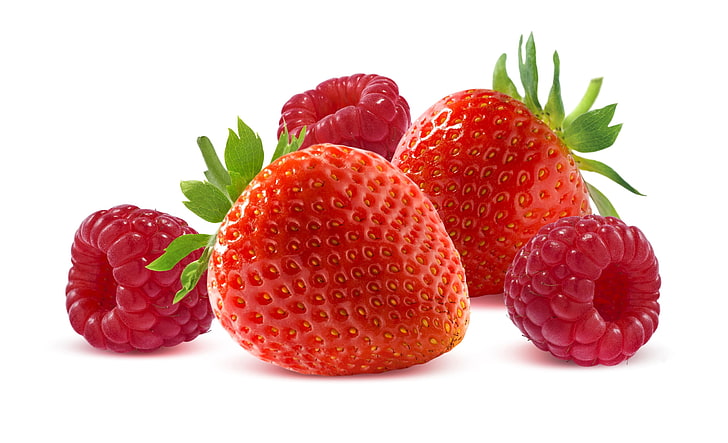 bunch of strawberries and raspberries, berries, raspberry, food, strawberries, strawberry, HD wallpaper