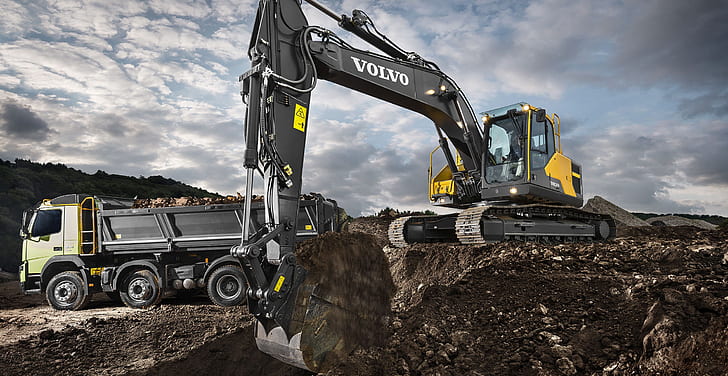 areia, Volvo, escavadeira, caminhão, o chão, pedreira, esteiras, caminhão basculante, equipamentos de construção, o boom da escavadeira, Volvo EC220ELR, HD papel de parede