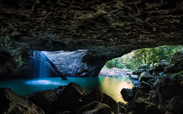 Höhle mit ruhigem Gewässer während der Tageszeit, Natur, Landschaft, Teich, Höhle, Wasserfall, Bäume, Felsen, Australien, HD-Hintergrundbild