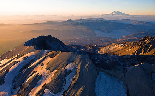 茶色の山脈、山、セントヘレンズ山、湖、雪のピーク、霧、火山、ワシントン州、自然、風景、朝、空撮、 HDデスクトップの壁紙 HD wallpaper