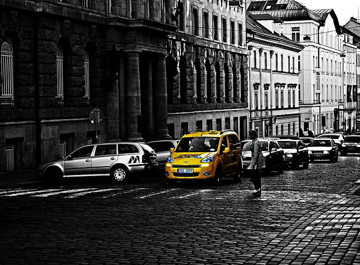 تاكسي ، أصفر ، أسود ، سيارات ، نقل ، مدينة، خلفية HD