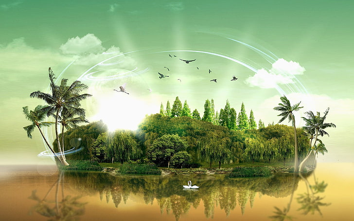 carta da parati isola verde, opera d'arte, fantasy art, cigno, arte digitale, alberi, natura, Sfondo HD