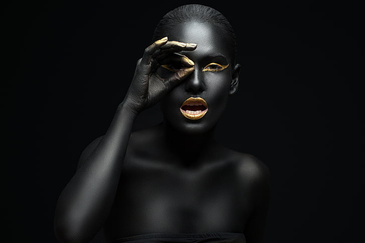 black-haired woman, gold, black, model, makeup, HD wallpaper
